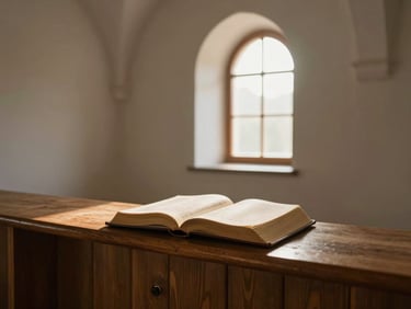 Interior of a quiet prayer room, late afternoon light through a small arched window, a well-used prayer book open on a wooden ledge, no people, warm and still