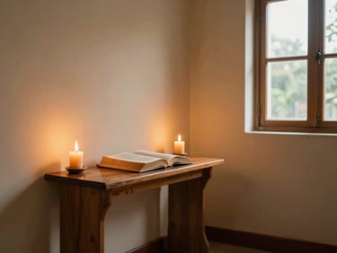 Quiet prayer room interior of a Kerala care home, candle flame on a simple wooden altar, a well-used prayer book open on a shelf, soft north-facing window light, ochre and cream walls, peaceful and unhurried, wide eye-level shot, no people present