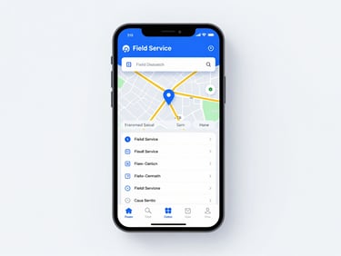 Clean digital UI render of a mobile field service dispatch map and staff attendance list, bright studio lighting, high-fidelity