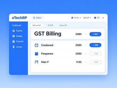 A clean digital UI render showing the eTechERP GST billing dashboard interface, bright studio lighting, professional corporate blue tones.