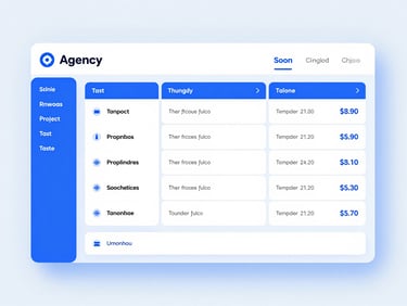 Clean digital UI render of an agency project board with task cards and billing status, bright studio lighting, high-fidelity