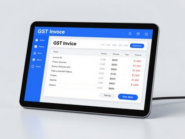 A clean digital UI render of a modern retail POS billing dashboard, showing a crisp GST invoice template with line items, bright studio lighting, professional corporate blue and white tones, sharp focus.