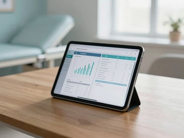 A modern tablet displaying a clean clinical software interface with charts and therapy plans, resting on a warm wooden desk in a softly lit therapy room, shallow depth of field.