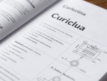 Macro shot of a printed technical curriculum manual, showing crisp typography, clean graphic grids, and technical illustrations, high-resolution UI crop, studio lighting.