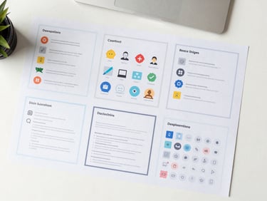 Top-down flat lay of interactive e-learning wireframes on a clean desk, showcasing custom vector iconography and precise typographic systems, bright even lighting, soft shadows.