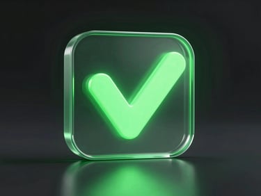 futuristic 3d render, dark tech aesthetic, glowing neon green checkmark badge, clean glass textures, studio lighting, landscape aspect