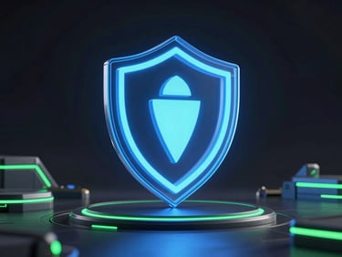 futuristic 3d render, dark tech aesthetic, glowing electric blue shield icon, clean glass textures, studio lighting, landscape aspect
