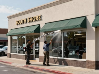 Wide shot of a commercial storefront on a South Shore retail strip, crew member with water-fed pole cleaning a large display window, midday daylight, parked cars visible on the street