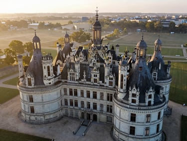 Vue aérienne cinématographique d'un château historique français au lever du soleil, brume légère, lumière rasante, détails sculpturaux, ambiance dramatique.