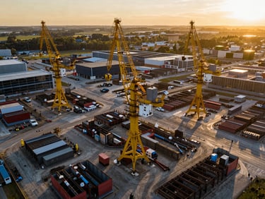 Vue zénithale cinématographique d'un grand chantier industriel au lever du soleil, grues en action, motifs géométriques, contrastes élevés, couleurs profondes.