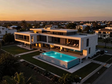 Vue aérienne cinématographique d'une villa de luxe moderne au coucher du soleil, piscine éclairée, lignes architecturales nettes, ciel dramatique, contrastes élevés.