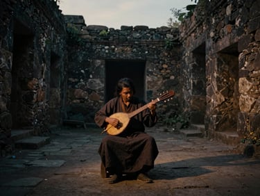 Cinematic wide-angle shot of a musician lost in performance, playing an ancient traditional stringed instrument in a moody stone ruin. Low-key dramatic natural lighting with deep shadows, golden hour glow, deep earthy tones, 35mm film grain.