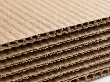 Macro shot of corrugated cardboard fluting layers, showing the precise structural wave pattern, natural kraft paper texture, high contrast shadow