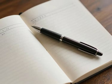 Overhead close frame of an open notebook with a handwritten schedule, a pen resting across the page, warm natural light from above, no text legible, focus on texture and deliberateness
