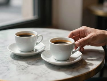 Close frame of two ceramic espresso cups on a marble café table, daylight from a side window casting a soft shadow, a hand reaching for one cup at the edge of the frame