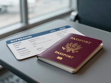 Tight frame of a boarding pass and passport resting on an airport gate seat, available light from a terminal window, no faces, focus on the documents and textures