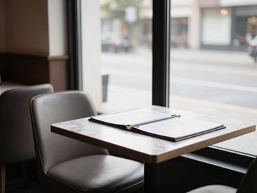 Interior of an elegant restaurant at midday, an empty chair at a corner table set for two beside a large window, soft diffused daylight, a folded menu resting on the table, no people in frame