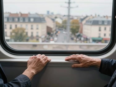 Tight frame of two hands — one younger, one older — resting on a train window ledge, a blurred European cityscape passing outside, available afternoon light, no faces visible