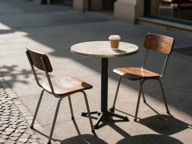 Sidewalk in dappled morning shade, a single coffee cup on a small outdoor café table, one unoccupied chair angled slightly outward, natural urban light, cobblestones visible in the foreground, no people in frame