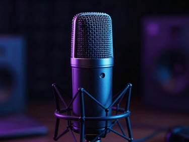 Macro shot of a high-end recording microphone in a dark studio, glowing blue and violet ambient lighting, shallow depth of field, high-contrast tech setup