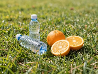 A healthy snack pack with water bottle and sliced oranges on a green grass field, bright daylight, fresh and energetic mood, shallow depth of field, 35mm