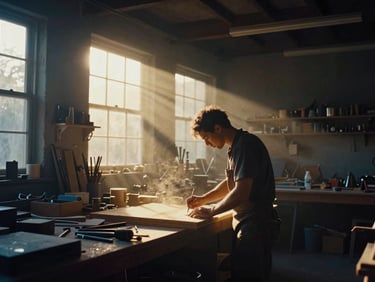 Widescreen cinematic shot of a craftsman in a dusty workshop, dramatic golden light streaming through windows, cinematic film photography, dramatic low-key lighting, rich gold and deep blue tones, 35mm.