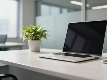 Close-up of a modern, clean office desk with a laptop, a green plant, and spotless glass partitions in the background, bright natural daylight.