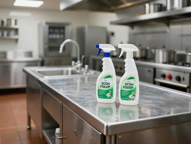 Professional commercial kitchen with stainless steel countertops shining under clean lights, spotless floors, and eco-friendly sanitizing spray bottles in focus.