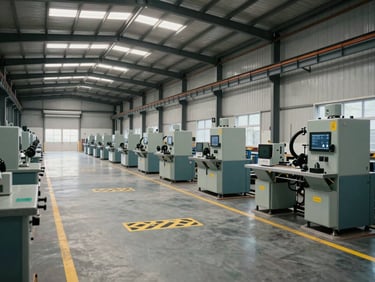 Wide shot of a clean, organized industrial warehouse floor with clear safety markings, well-maintained machinery, and high ceilings with natural light.