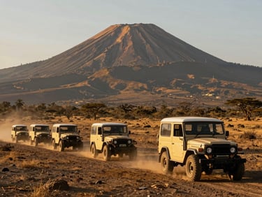 A line of classic 4x4 Jeeps driving across a vast dry savannah with a massive volcanic peak towering in the distance, golden hour.