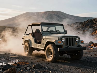 A rugged open-top vintage Jeep parked on dark volcanic gravel with steam rising from nearby hot springs, misty mountain backdrop.