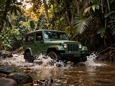 A classic green Jeep splashing through a shallow jungle riverbed, water spraying, dense tropical foliage framing the shot.