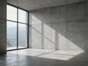 A minimalist, clean architectural studio space in Switzerland, raw concrete walls, sharp shadows, cool morning light coming from a large window on the left.