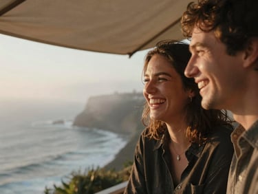 Intimate close-up of a couple laughing under a cliffside canopy, ocean fog in the background, warm natural light, shallow depth of field, 35mm film look