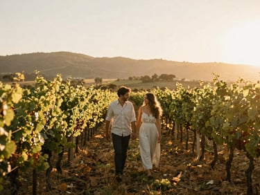 Candid wide shot of a couple walking through a sun-drenched California vineyard at golden hour, warm editorial photography, 35mm film look