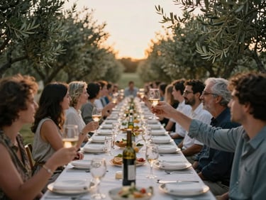 A long banquet table outdoors under olive trees, soft evening glow, guests raising glasses in a candid moment