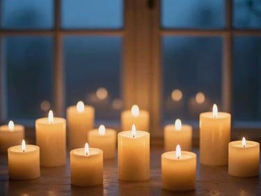 Velas acesas em um ambiente sereno, com a luz do fim de tarde entrando por uma janela. Luz volumétrica suave, tons dourados e azuis profundos, 35mm.