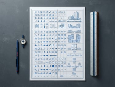 Top-down orthographic flat-lay of a structured printed curriculum document on a slate gray drafting table, architectural ruler, blueprint blue accents, crisp studio lighting