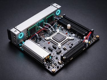 Overhead technical documentation style shot of a high-end workstation motherboard with ECC RAM installed, precision cable routing, dramatic macro studio lighting with cyan gel highlights