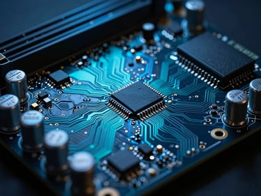 Extreme close-up macro of a high-end GPU circuit board, copper traces and capacitors in sharp focus, dramatic cyan and electric blue side lighting casting deep shadows, black background, no text, no humans, precision component photography