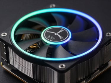 Extreme close-up macro of a high-end GPU fan hub with RGB ring glow, cyan and blue light refraction on aluminum fin stack, dark lab background