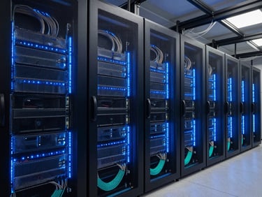 Wide environmental shot of server rack units glowing electric blue from internal LEDs inside a dark server room, cables neatly managed, cyan accent lighting from below