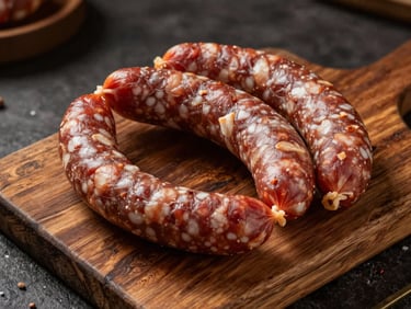 Artisanal cured sausages and smoked meats on rustic wood board, dark background, warm lighting