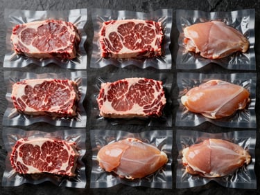 Top-down clean flat lay of precisely portioned raw lean beef steaks and chicken breast portions in vacuum packaging, arranged on a dark slate surface, highlighting texture and portion control.