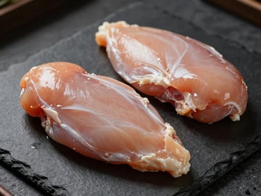 Fresh raw chicken breast fillets pre-portioned on dark slate, clean cuts, moody side lighting