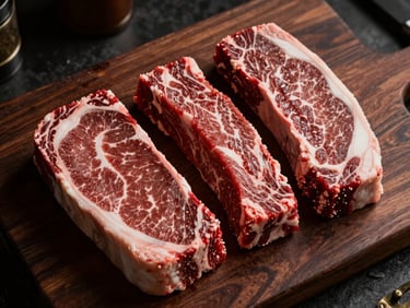 Top-down macro shot of premium raw beef cuts arranged on a dark wooden chopping block, low-key dramatic lighting