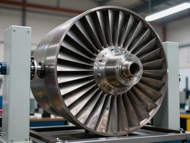 Wide angle shot of a V94.2 turbine rotor disk being prepared for balancing on a heavy-duty industrial alignment rig