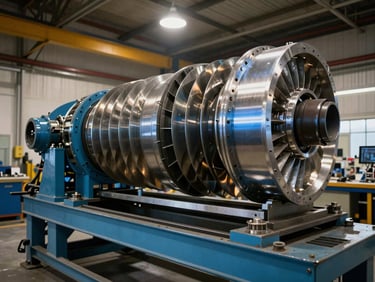 Wide-angle panoramic shot of a V94.2 turbine rotor positioned on a heavy industrial balancing rig, cool blue steel reflections under warm overhead workshop lighting.