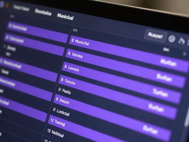 Extreme close-up of a dark-mode legal compliance dashboard, glowing purple status lines mapping local municipal codes to a project timeline, razor-sharp vector grids on an obsidian background.