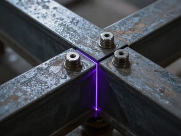 Macro-photography of raw structural steel beams joined by massive bolts, low-key dramatic lighting with a subtle purple laser-line highlighting the seam precision.